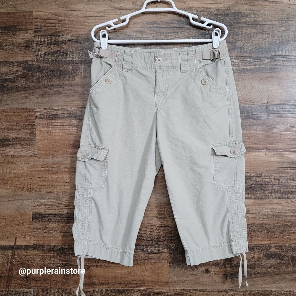French Cuff Cargo Capri Pants 10 Mid Rise Rip Stop Beige Outdoor Preppy Gorpcore - Picture 1 of 11